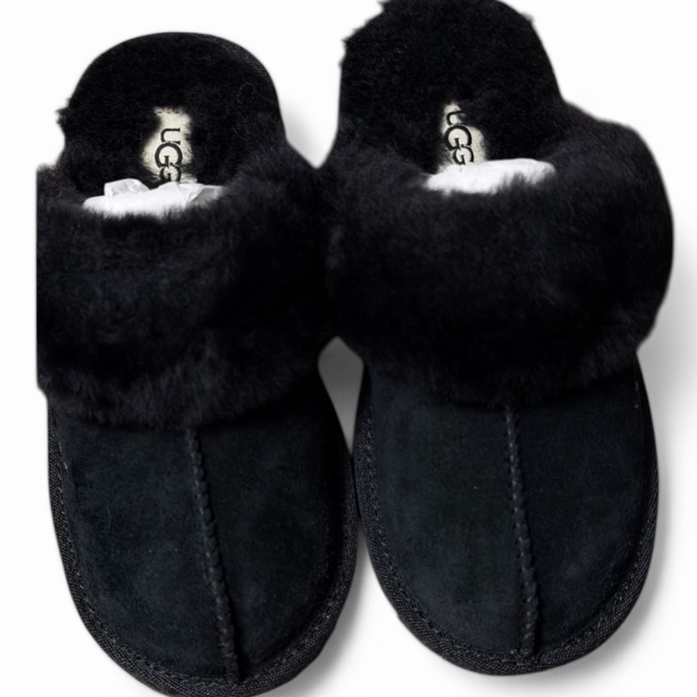 Kids UGG Black Suede Fuzzy Slippers